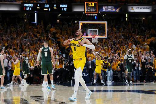 Indiana's Tyrese Haliburton celebrates after making the game-winner inthe Pacers' overtime victory over the Milwaukee Bucks in game three of their NBA Eastern Conference first round playoff series