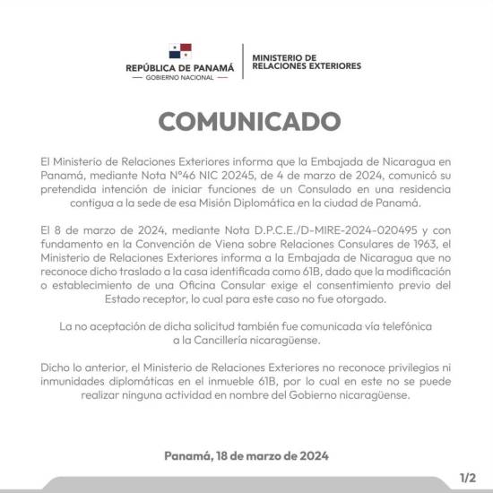$!Cancillería de Panamá no reconoce traslado de nuevo consulado de Nicaragua
