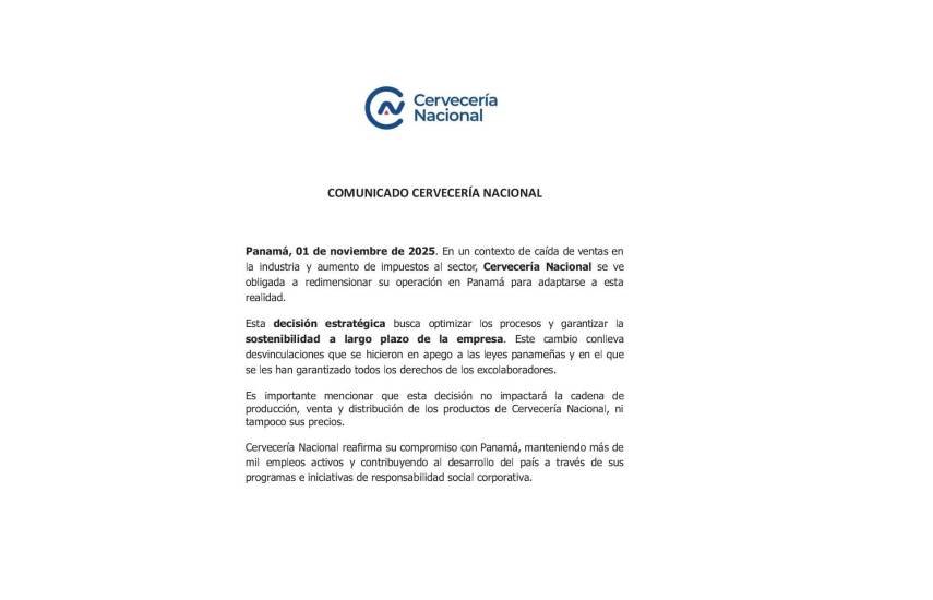 La Cervecería Nacional anuncia reducción de personal por caída del consumo de bebidas $!La Cervecería Nacional anuncia reducción de personal por caída del consumo de bebidas