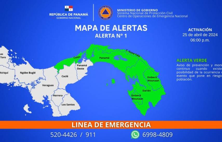 Sinaproc declara alerta verde en Colón, Darién, Panamá y la comarca Guna Yala