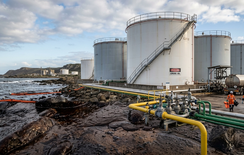 Tanques de almacenamiento de petróleo crudo en una instalación costera. (Imagen generada por IA).