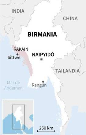 Mapa de Birmania localizando Sittwe, en el estado de Rakáin