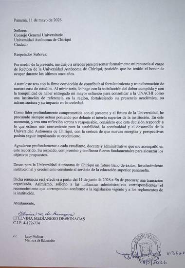 $!Se filtra renuncia de Etelvina Medianero en medio de investigaciones en la Unachi