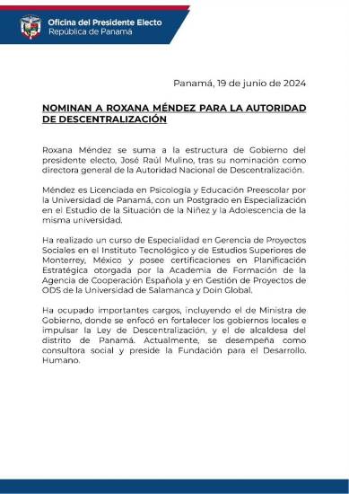 $!Roxana Méndez es nominada como directora general de la Autoridad Nacional de Descentralización