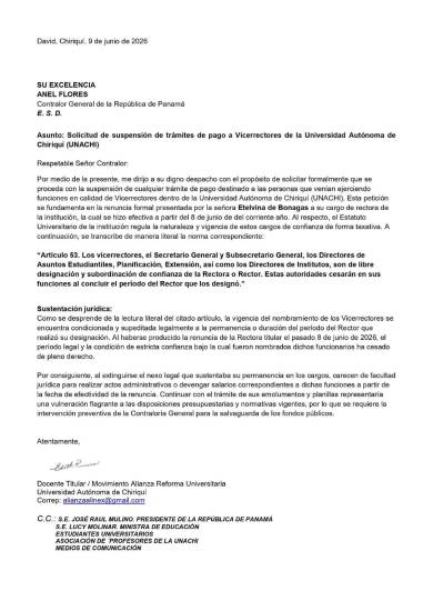 $!Solicitan a Contraloría suspender pagos a vicerrectores de la UNACHI tras renuncia de la rectora