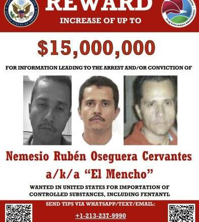Un cartel ofreciendo una recompensa por el narcotraficante mexicano Nemesio Oseguera, alias El Mencho, publicado por el Departamento de Estado de EEUU el 4 de diciembre de 2024
