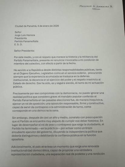 $!Melitón Arrocha renuncia al Partido Panameñista
