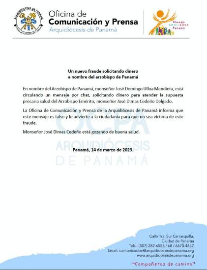 $!Iglesia advierte de nuevo fraude solicitando dinero a nombre del arzobispo José Domingo Ulloa