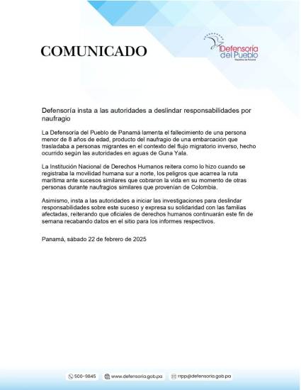 $!Defensoría recaba información tras muerte de menor en naufragio de migrantes en Guna Yala