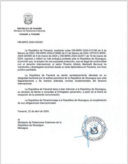 $!Panamá llama a consultas a su embajador en Nicaragua