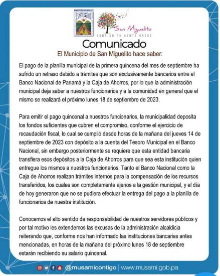$!Municipio de San Miguelito pagará a sus funcionarios el lunes debido a trámites bancarios