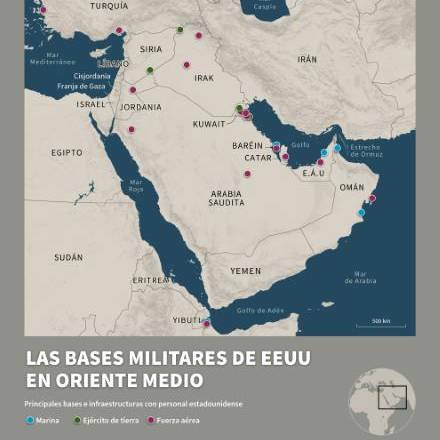 Mapa de Oriente Medio localizando las principales bases e infraestructuras militares de Estados Unidos, según la rama de las fuerzas armadas a la que pertenezca