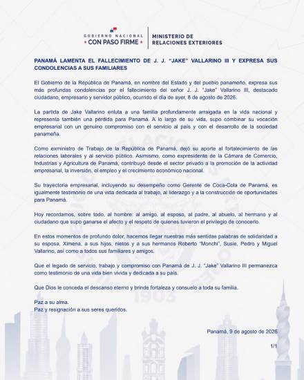 $!Gobierno Nacional lamenta el fallecimiento del empresario y exministro J. J. “Jake” Vallarino III