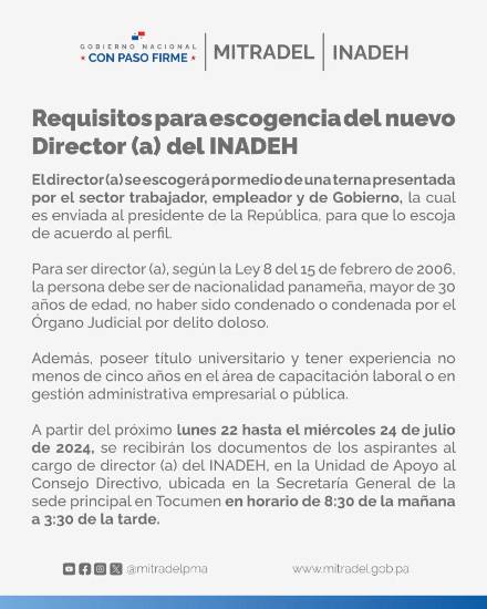 $!Publican requisitos para escogencia del nuevo director o directora del Inadeh