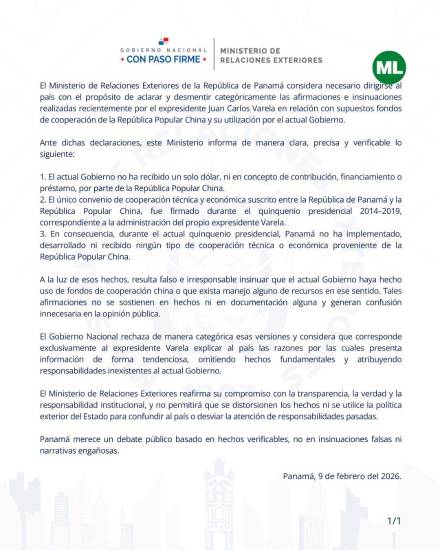 $!Cancillería desmiente al expresidente Varela sobre el uso de fondos chinos de cooperación por la administración Mulino