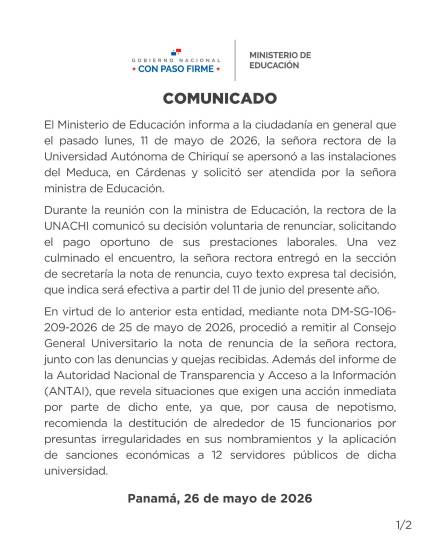 $!MEDUCA confirma renuncia de la rectora de la UNACHI