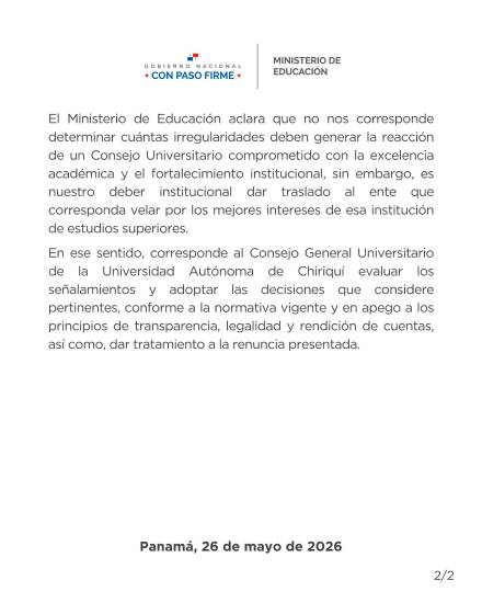 $!MEDUCA confirma renuncia de la rectora de la UNACHI