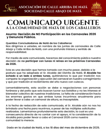 $!Calle Arriba y Calle Abajo de Natá anuncian que no participarán en el Carnaval 2026
