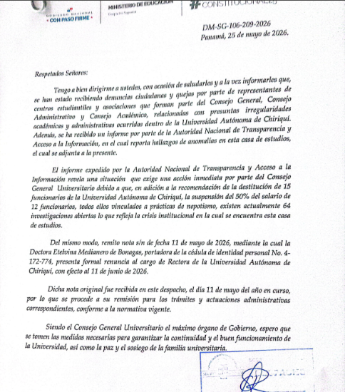 $!Se filtra renuncia de Etelvina Medianero en medio de investigaciones en la Unachi