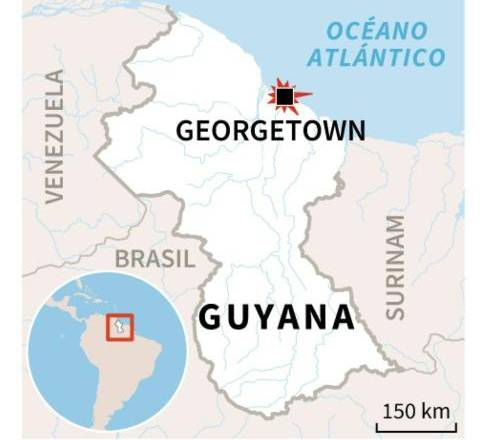 Mapa de Guyana con la localización de Georgetown, la capital del país