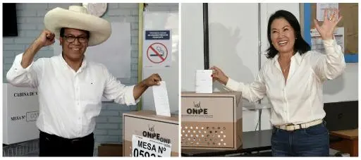 El candidato izquierdista Roberto Sánchez (izq) y la derechista Keiko Fujimori votan en las elecciones presidenciales el 12 de mayo de 2026 en Lima