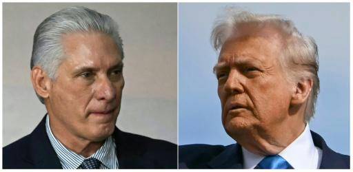 Una combinación de imágenes de los presidentes de Cuba, Miguel Díaz-Canel (izq.), en una cumbre de los BRICS, en Río de Janeiro, el 7 de julio de 2025; y de Estados Unidos, Donald Trump, el 29 de octubre de 2025 en el aeropuerto de Haneda, en Tokio