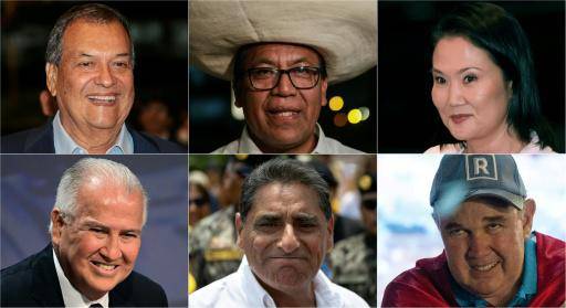 (De izq. a drcha. y de arriba a abajo) Los candidatos a la presidencia de Perú Jorge Nieto, Roberto Sánchez, Keiko Fujimori, Alfonso López-Chau, Carlos Álvarez y Rafael López Aliaga, en sendas imágenes de marzo de 2026