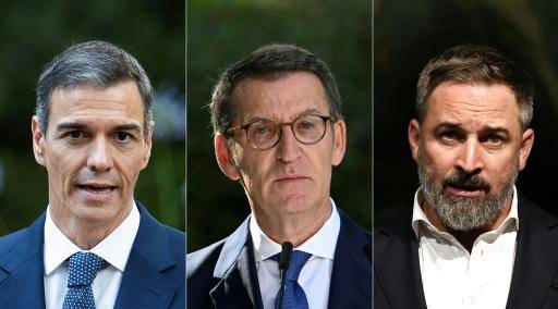 De izquierda a derecha, el jefe del gobierno español, el socialista Pedro Sánchez; el líder conservador de la oposición, Alberto Núñez Feijóo, y el dirigente de la extrema derecha Vox, Santiago Abascal