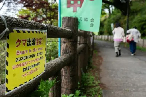 Un cartel que advierte de la presencia de osos en el área, fotografiado en Ome, en la prefectura de Tokio, el 29 de abril de 2026