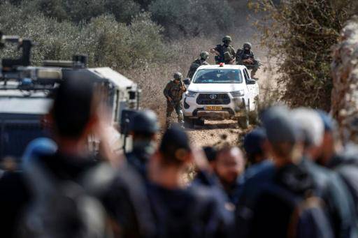 Unos soldados israelíes ingresan a un olivar mientras agricultores palestinos y activistas extranjeros realizan la cosecha en la localidad de Turmus Ayya, en Cisjordania ocupada, el 21 de octubre de 2026