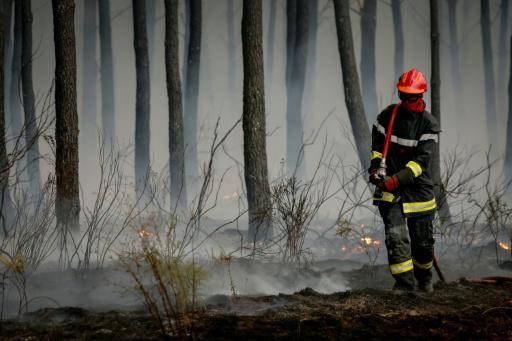 Un bombero extingue un incendio forestal en Saint-Jean-d'Illac, a unos 30 kilómetros de la ciudad francesa de Burdeos, el 26 de julio de 2026