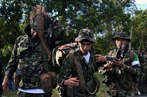 Miembros del grupo guerrillero Coordinadora Nacional Ejército Bolivariano (CNEB) se despojan de sus armas y munición durante la ceremonia de desarme acordada con el gobierno, el 18 de junio de 2026 en un paraje selvático del municipio de Valle del Guamuez, en el departamento de Putumayo, al sur de Colombia