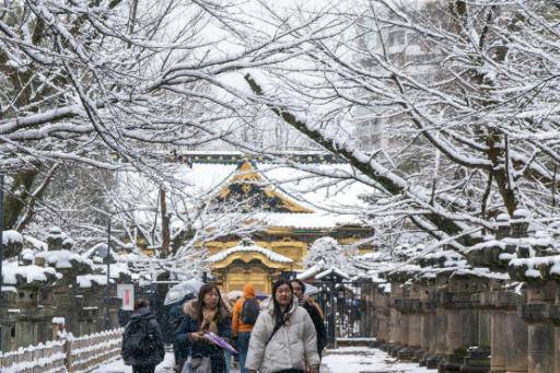Unos turistas visitan el 8 de febrero de 2026 el Santuario Toshogu, en el Parque Ueno de Tokio, durante una nevada