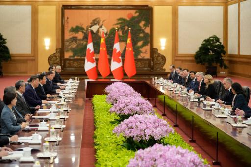 Las delegaciones de China (izq) y Canadá, encabezadas por el presidente Xi Jinping y el primer ministro Mark Carney (en el centro de las mesas) se reúnen en el Gran Palacio del Pueblo, el 16 de enero de 2026 en Pekín