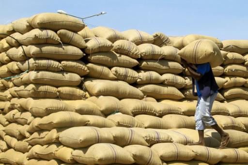 Un trabajador acomoda sacos de granos en Gedaref, en el este de Sudán, el 22 de febrero de 2024