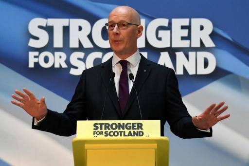 John Swinney habla en la Universidad de Glasgow durante su discurso de aceptación del cargo de líder del SNP, el 6 de mayo de 2024 en la ciudad escocesa