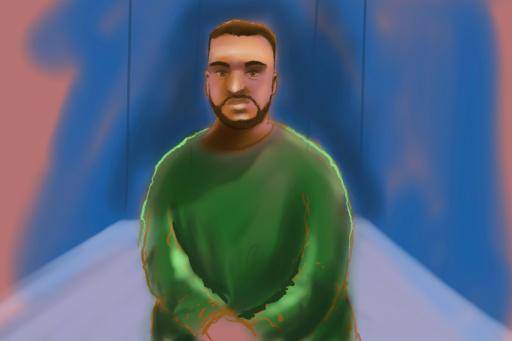 Un dibujo del artista Rocco Fazzari muestra a Naveed Akram comparecienco a través de videollamada ante un tribunal de Sídney, el 16 de febrero de 2026 en la ciudad australiana