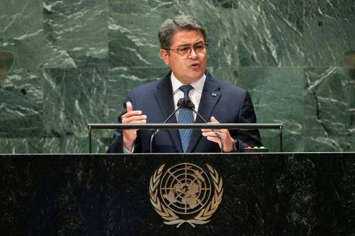 El entonces presidente de Honduras, Juan Orlando Hernández, se expresa durante una Asamblea General de la ONU, en Nueva York, el 22 de septiembre de 2021