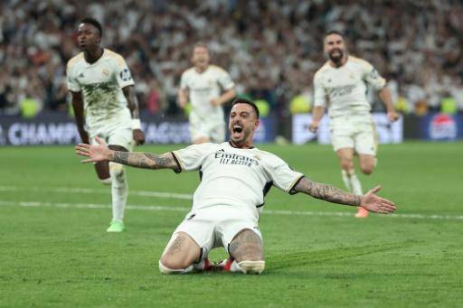 Joselu celebra su tanto final para la victoria del Real Madrid sobre el Bayern de Múnich y la clasificación a la final de la Liga de Campeones. En Madrid, el 8 de mayo de 2024