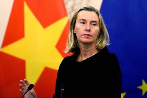 La entonces jefa de la diplomacia de la UE, Federica Mogherini, comparece ante la prensa durante una visita a Vietnam, el 5 de agosto del año 2019 en Hanói