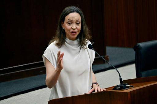 La líder opositora venezolana María Corina Machado da un discurso ante la Asamblea Nacional panameña, el 25 de mayo de 2026 en Ciudad de Panamá