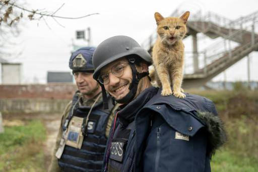 El periodista de la AFP Arman Soldin sonríe a la cámara con un gato sobre los hombros durante una misión en Ucrania el 11 de noviembre de 2022