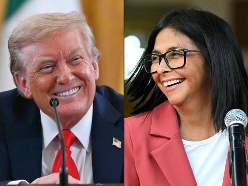 El presidente de EEUU, Donald Trump, y la presidenta interina de Venezuela, Delcy Rodríguez, sonríen en sendas fotografías tomadas el 18 de agosto de 2025 en Washington y el 4 de marzo de 2026 en Caracas, respectivamente