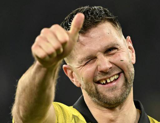 El delantero del Borussia Niclas Fullkrug celebra la victoria sobre el Atético de Madrid en los cuartos de final de la Liga de Campeones, el 16 de abril de 2024 en la ciudad alemana de Dortmund