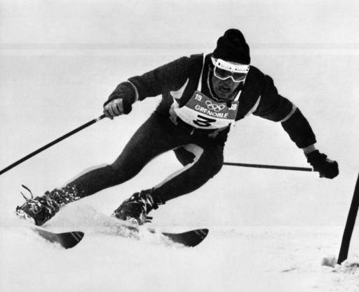Frenchman Jean-Claude Killy clears a gate during the first run of the men's giant slalom, 12 February 1968 in Chamrousse, near Grenoble (French Alps), during the Winter Olympic Games. Killy won the gold medal.