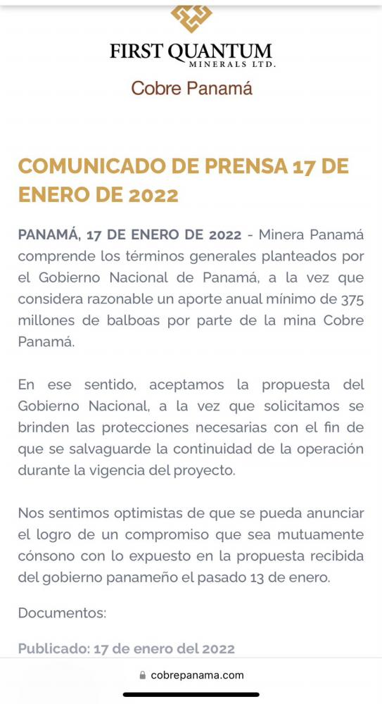 $!En enero de 2022, Minera Panamá aceptó la propuesta del Gobierno