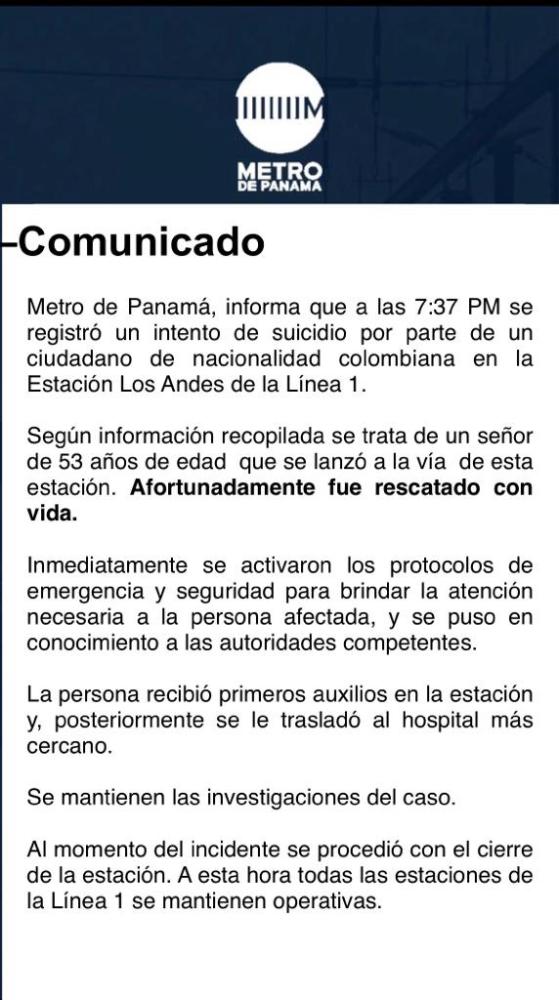 $!Atienden a hombre que cayó en las vías del Metro de Panamá en Los Andes