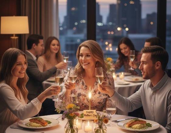 Foto generada con IA | Familia en un restaurante celebrando el Día de la Madre con una cena y champaña.