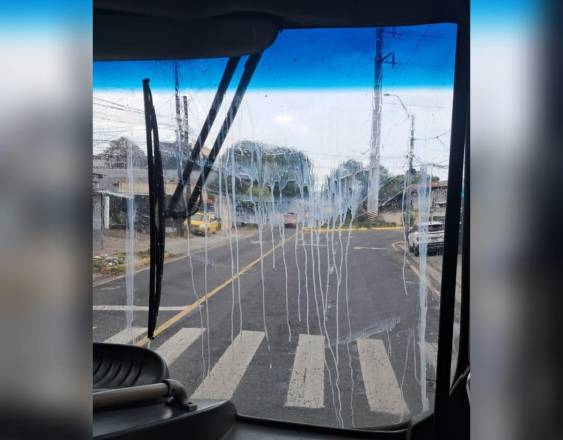 ML | Imagen de un Metrobus con el parabrisas sucio por los huevos estrellados.
