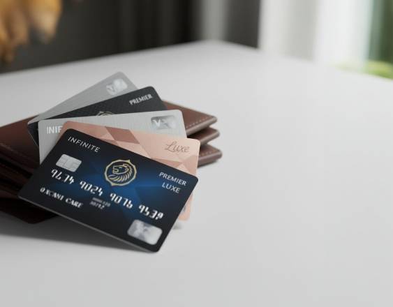 ML | Imagen ilustrativa de unas tarjetas de crédito sobre una mesa de color blanco. Detrás de las tarjetas hay una cartera de cuero de color chocolate.